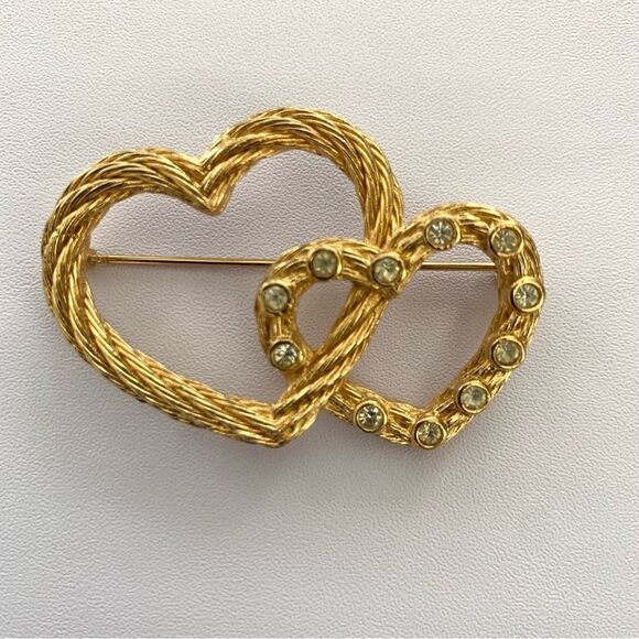 Christian Dior Double Heart Women’s Brooch with Rhinestones - Picture 1 of 10
